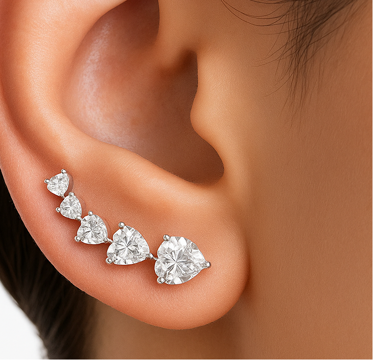 Diamond silver hearts ear climber