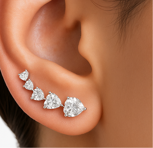 Diamond silver hearts ear climber