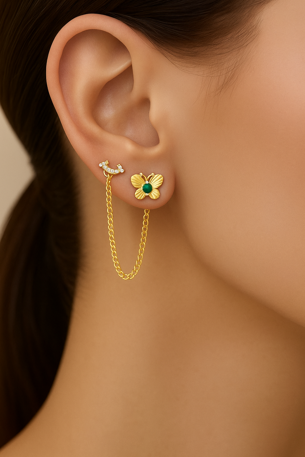 Emerald butterfly chain earring